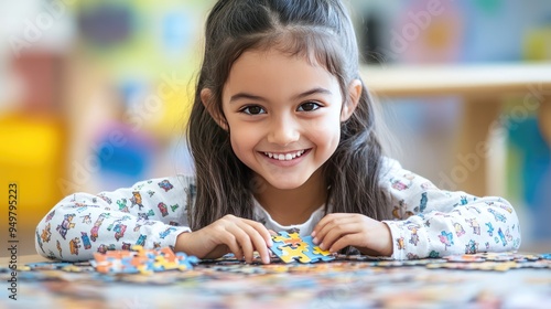 Smiling Girl Assembling Puzzle. AI generated illustration. photo