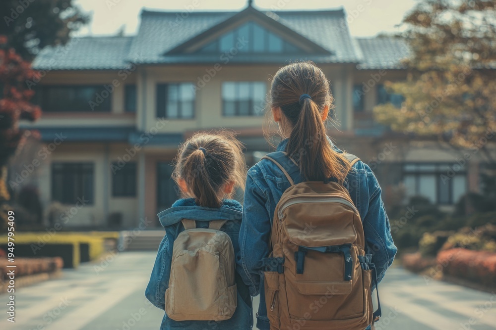 Back view of girls students with backpacks standing in front of school building Back view of girls students with backpacks standing in front of school building