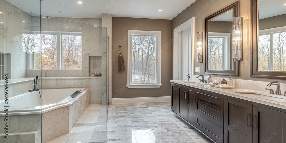 Modern bathroom with walk-in shower, tub, and double vanity. Modern bathroom with walk-in shower, tub, and double vanity.