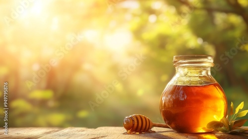 Fresh honey being poured into a jar, surrounded by honeycombs and beehives