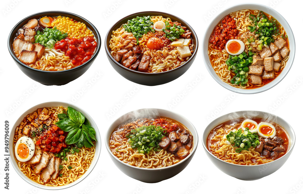 Bowls of ramen with various toppings isolated on transparent background Bowls of ramen with various toppings isolated on transparent background