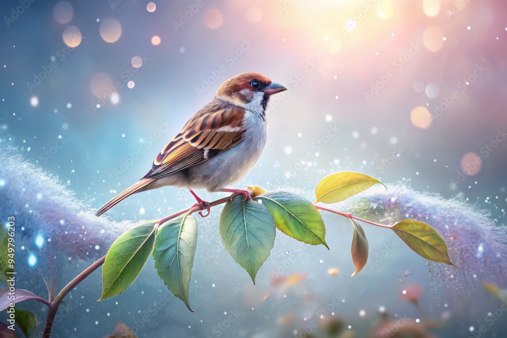 sparrow perched delicate petal-shaped water droplets on misty morning leaf capturing ethereal soft focus whimsical dreamy pastel hues sparrow perched delicate petal-shaped water droplets on misty morning leaf capturing ethereal soft focus whimsical dreamy pastel hues