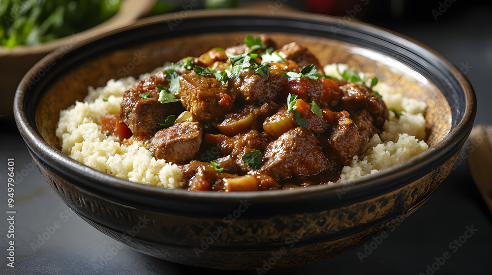 Delectable Moroccan Beef Stew Served on Couscous in Traditional Pottery Bowl Delectable Moroccan Beef Stew Served on Couscous in Traditional Pottery Bowl