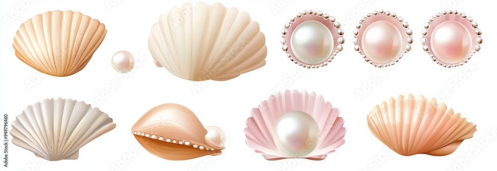 Seashell shell of a pearl, closed oyster shell with white pearls, exact illustration in 3D of an isolated conch shell sea marine open scallop. Seashell shell of a pearl, closed oyster shell with white pearls, exact illustration in 3D of an isolated conch shell sea marine open scallop.