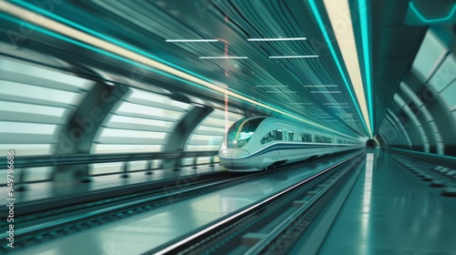 High-speed train speeding through a futuristic tunnel with teal lighting.