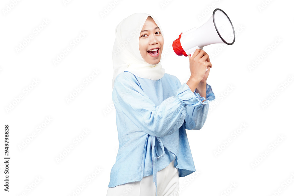 Asian hijab girl using megaphone isolated transparent Asian hijab girl using megaphone isolated transparent