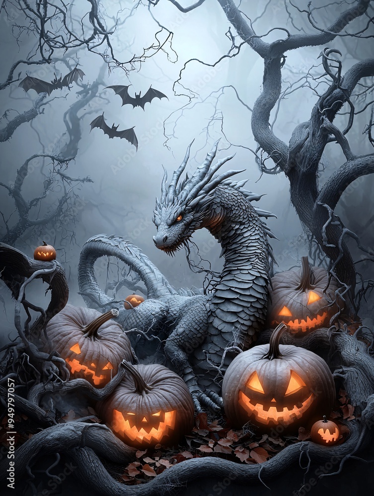 Fototapeta premium A dragon with scales resembling autumn leaves stands guard at the entrance of a haunted forest, with glowing pumpkins and bats flying overhead. The scene is designed with enough copy space for text