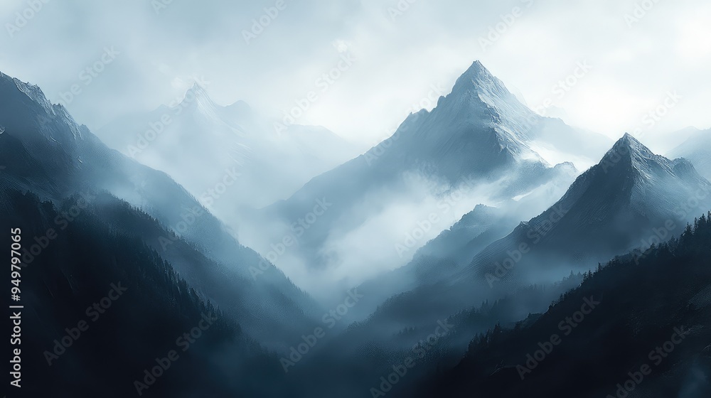 Mountain range fading into the distance, with mist shrouding the far horizon, creating a sense of mystery and endless exploration. Mountain range fading into the distance, with mist shrouding the far horizon, creating a sense of mystery and endless exploration.