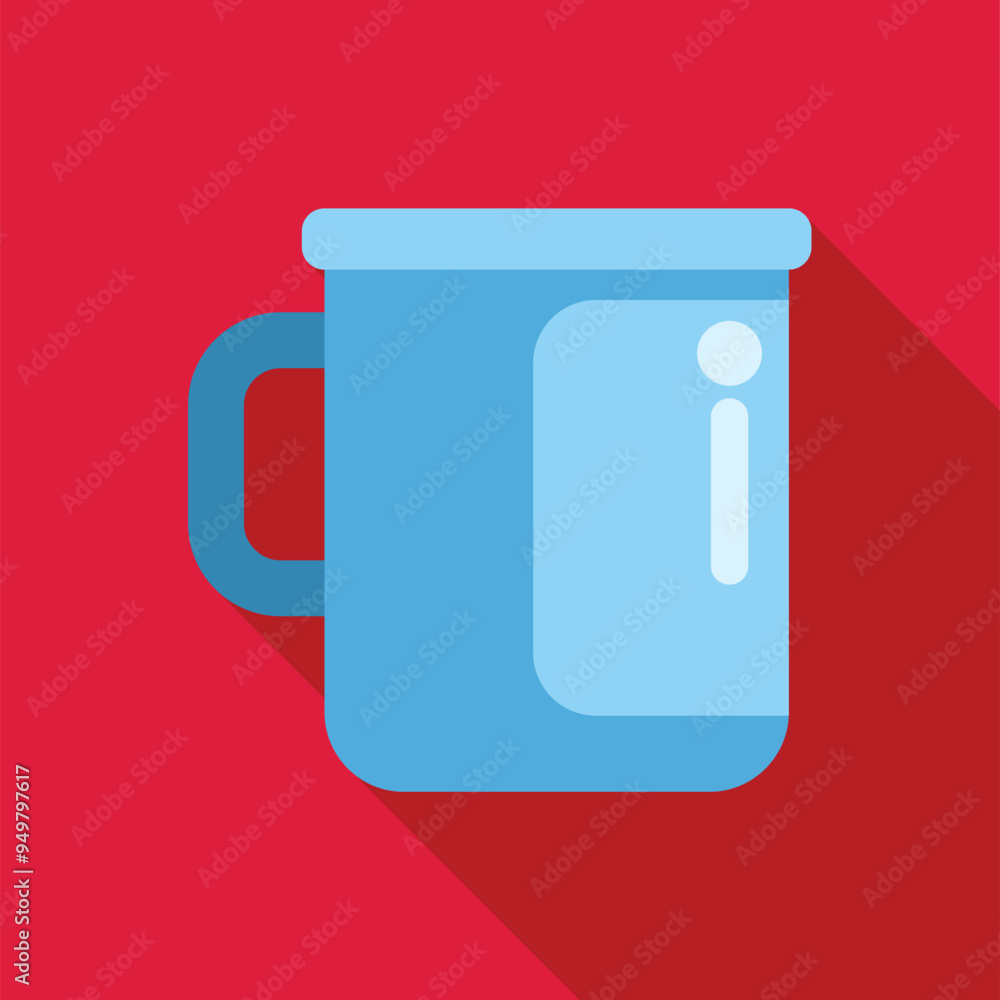 Blue mug with information sign standing on red background with long shadow Blue mug with information sign standing on red background with long shadow