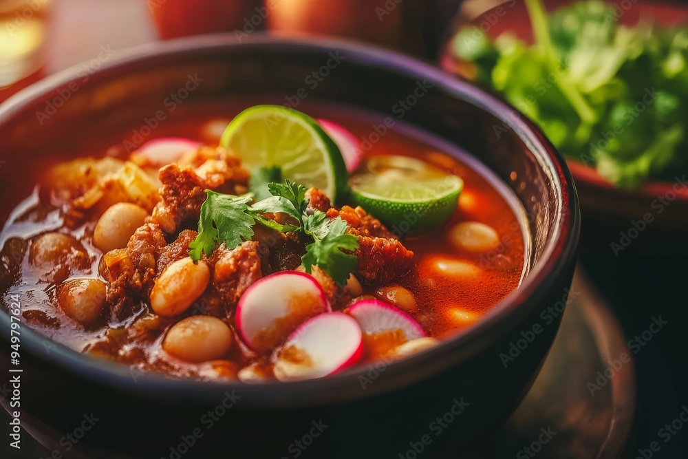 A bowl of pozole soup garnished with lettuce, radishes, and lime wedges A bowl of pozole soup garnished with lettuce, radishes, and lime wedges