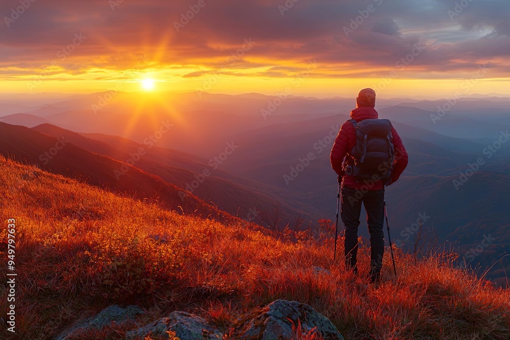 A lone hiker standing on a mountaintop at dawn, witnessing the sunrise on the Fall Equinox, Fall Equinox, nature solstice A lone hiker standing on a mountaintop at dawn, witnessing the sunrise on the Fall Equinox, Fall Equinox, nature solstice