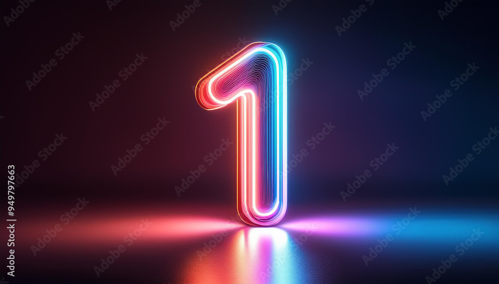 Image of glowing neon number 1 one, made from neon light. 3D rendering. Dark backdrop. Image of glowing neon number 1 one, made from neon light. 3D rendering. Dark backdrop.