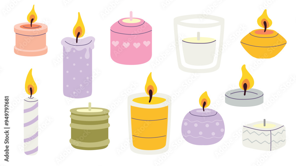 Set of various decorative scented candles, different shapes and sizes. Simple flat style, vector illustration. Elements for the design of banners, posters, cards. Aromatherapy and relaxation theme Set of various decorative scented candles, different shapes and sizes. Simple flat style, vector illustration. Elements for the design of banners, posters, cards. Aromatherapy and relaxation theme