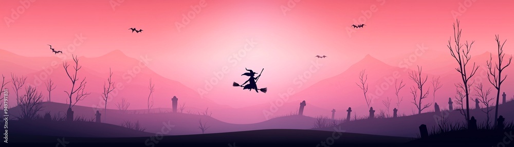 A comic strip-style scene with a witch flying on a broomstick over a spooky graveyard, leaving room for speech bubbles and copy space for captions. A comic strip-style scene with a witch flying on a broomstick over a spooky graveyard, leaving room for speech bubbles and copy space for captions.
