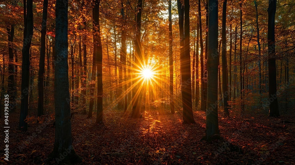 Obraz premium A sunbeam breaking through dense autumn woods, marking the moment of balance during the Fall Equinox, Fall Equinox, nature solstice