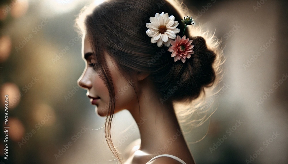 Profile of a Young Woman with Floral Hairpiece in Soft Light Profile of a Young Woman with Floral Hairpiece in Soft Light