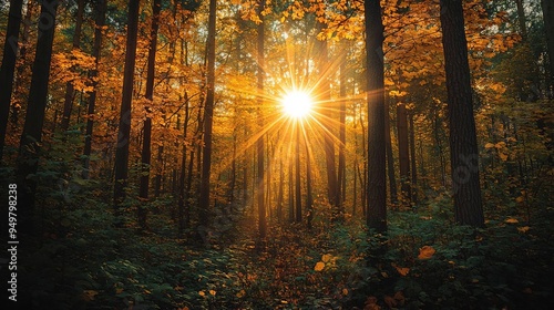 A sunbeam breaking through dense autumn woods, marking the moment of balance during the Fall Equinox, Fall Equinox, nature solstice