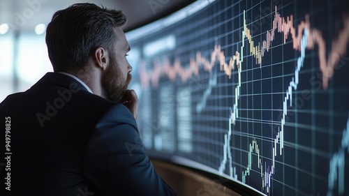 Businessman sidling away from a curved screen displaying negative market forecasts, Financial reporting, Economic prediction photo