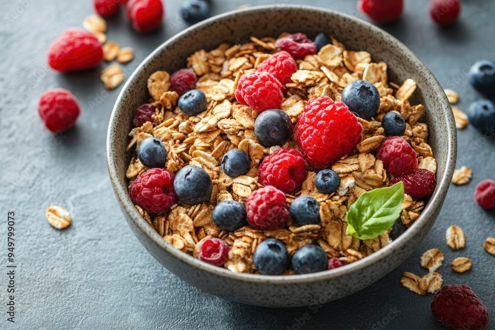 Bowl of Granola with Raspberries and Blueberries Bowl of Granola with Raspberries and Blueberries