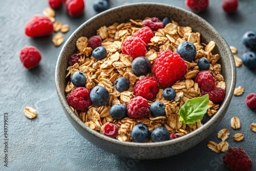 Bowl of Granola with Raspberries and Blueberries