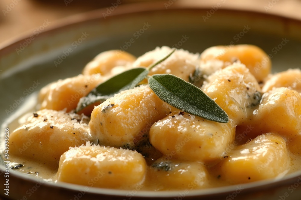 Steaming plate of buttery gnocchi with sage and parmesan for an autumn meal Steaming plate of buttery gnocchi with sage and parmesan for an autumn meal