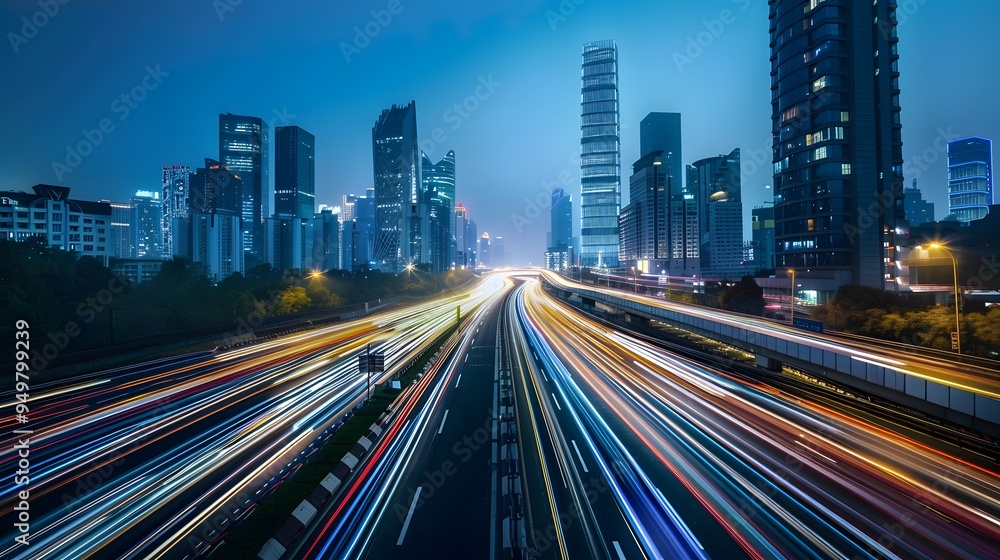 light trails of cars moving fast on the highway with skyscrapers light trails of cars moving fast on the highway with skyscrapers
