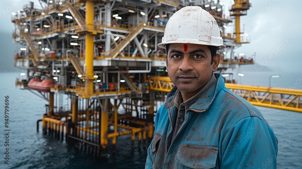 a skilled indian worker posing with a oil platform. He is wearing a white clean helmet and a blue jacket. a skilled indian worker posing with a oil platform. He is wearing a white clean helmet and a blue jacket.