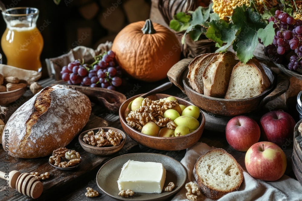 Autumn still life with pumpkin, bread, apples, grapes and walnuts on rustic wooden table Autumn still life with pumpkin, bread, apples, grapes and walnuts on rustic wooden table