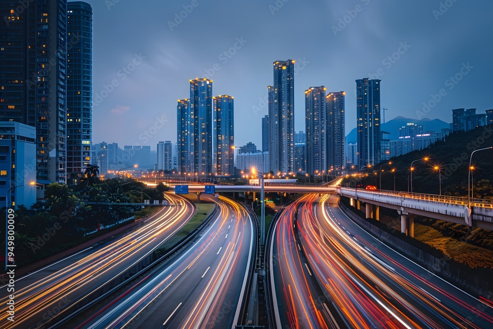 Fototapeta premium light trails of cars moving fast on the highway with skyscrapers