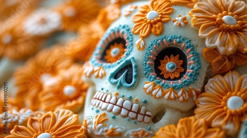 An elaborately crafted sugar skull adorned with colorful icing flowers, capturing the essence of autumn festivities.