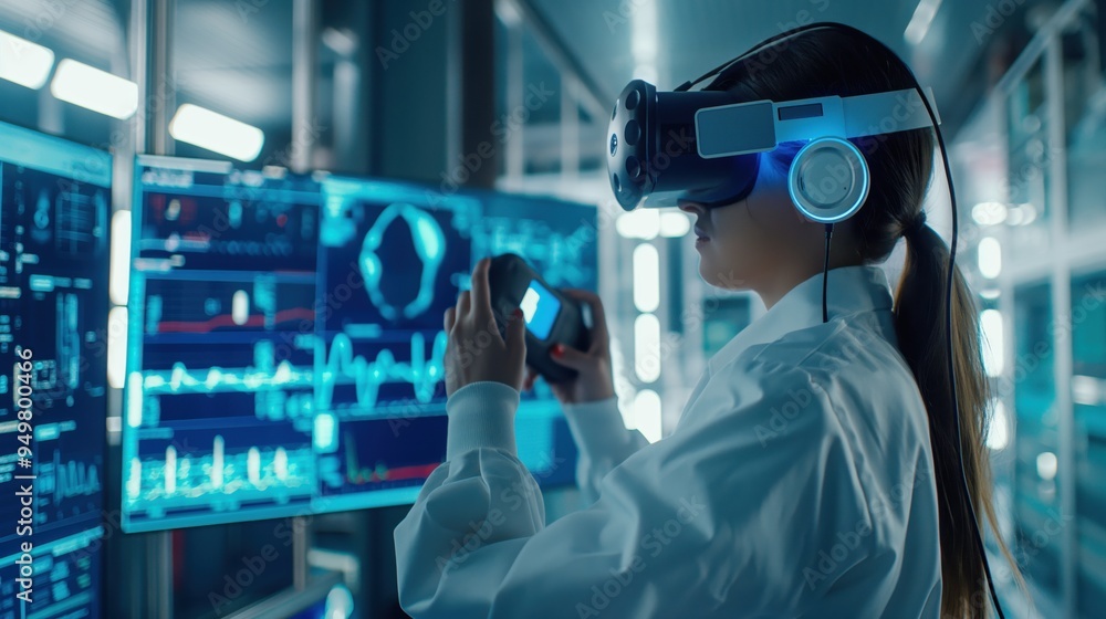 Advanced Female Worker Operating Hi-Tech Medical Machine with VR Headset and FPV Display in Background Advanced Female Worker Operating Hi-Tech Medical Machine with VR Headset and FPV Display in Background