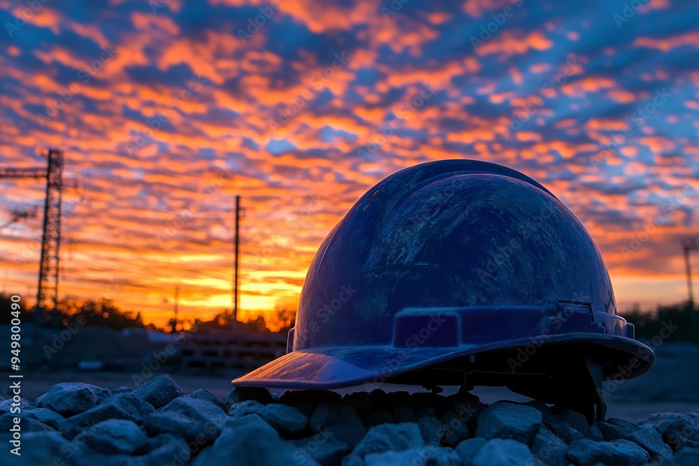 Beautiful image of an engineering helmet at sunset, civil construction generative ai Beautiful image of an engineering helmet at sunset, civil construction generative ai