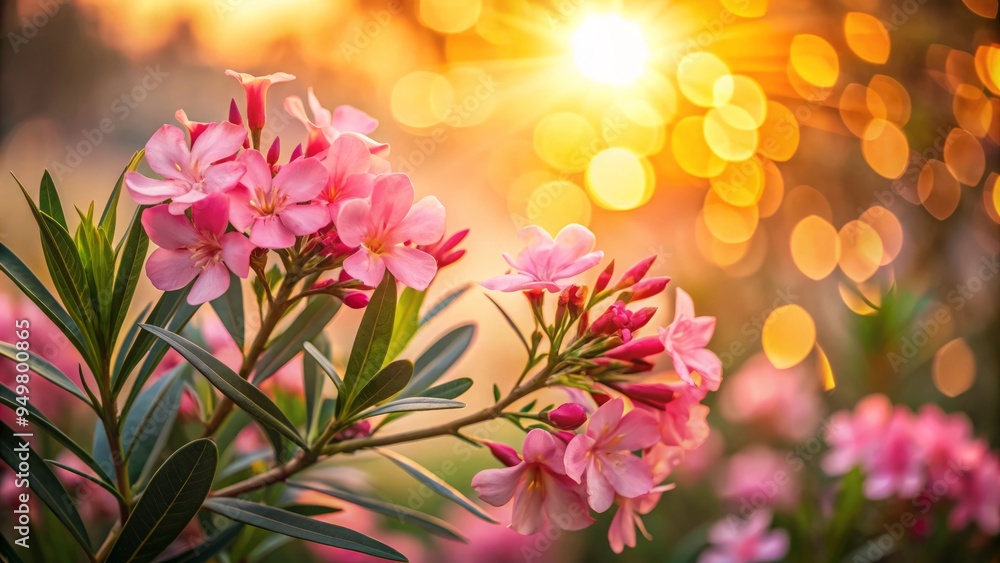 vibrant pastel pink oleander blooms swaying gently in soft focus against warm golden sunset hues with delicate bokeh and dreamy shallow depth of field atmosphere