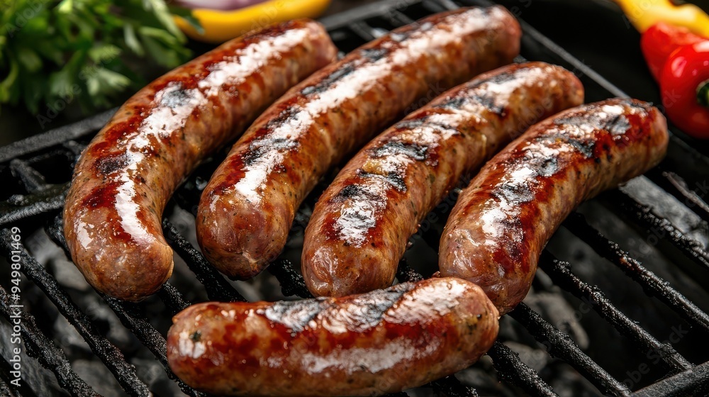 Delicious grilled sausages cooking on a barbecue grill with fresh vegetables. Perfect for a summer cookout or BBQ party. Delicious grilled sausages cooking on a barbecue grill with fresh vegetables. Perfect for a summer cookout or BBQ party.