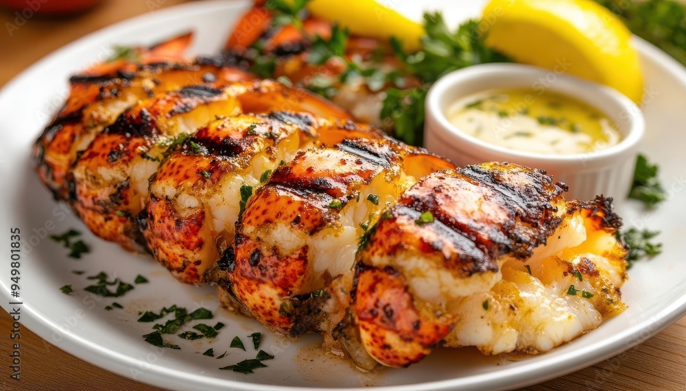 Grilled lobster tail with garlic butter sauce, garnished with parsley and lemon. Perfect seafood dish for a gourmet dining experience. Grilled lobster tail with garlic butter sauce, garnished with parsley and lemon. Perfect seafood dish for a gourmet dining experience.