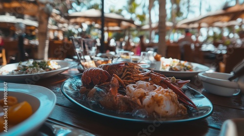 An ocean view picnic table with stuffed lobster tails, seafood pasta, and grilled scallops