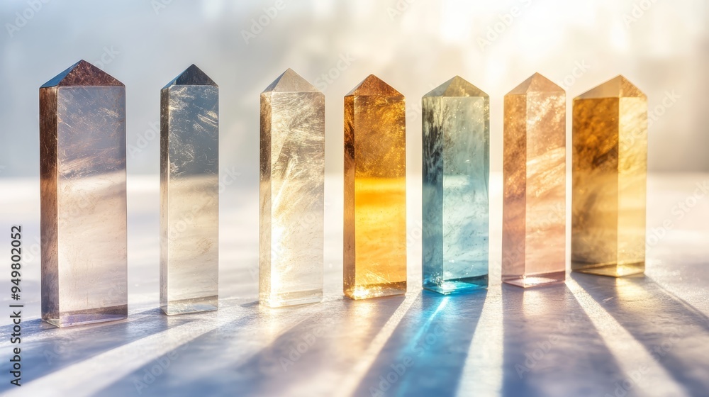 Obraz premium A captivating arrangement of crystal towers reflecting light, showcasing various colors and textures for a mesmerizing visual effect.