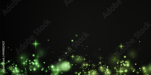 Christmas background. Powder PNG. Magic shining green dust. Fine, shiny dust green bokeh particles fall off slightly. Fantastic shimmer effect.	