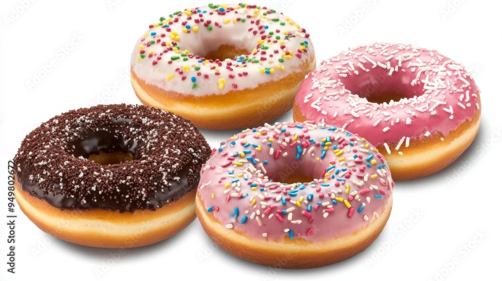 Donuts with different toppings, one pink, one brown Donuts with different toppings, one pink, one brown