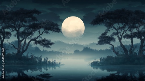 A serene night landscape featuring a luminous full moon reflecting on a tranquil river surrounded by shadowy trees. photo