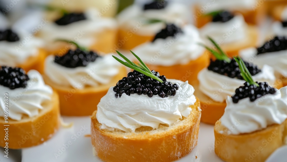 Gourmet Caviar and Salmon Appetizers. Elegant canapés with smoked salmon topped with black caviar from sturgeons, copy space included Gourmet Caviar and Salmon Appetizers. Elegant canapés with smoked salmon topped with black caviar from sturgeons, copy space included