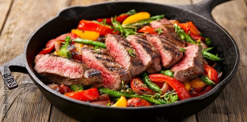 A delicious beef entrecote accompanied by fried potatoes, grilled peppers, cherry tomatoes, and onions