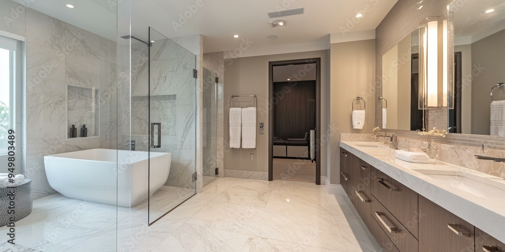 custom made wallpaper toronto digitalModern bathroom with marble floors, a bathtub, and double sinks.