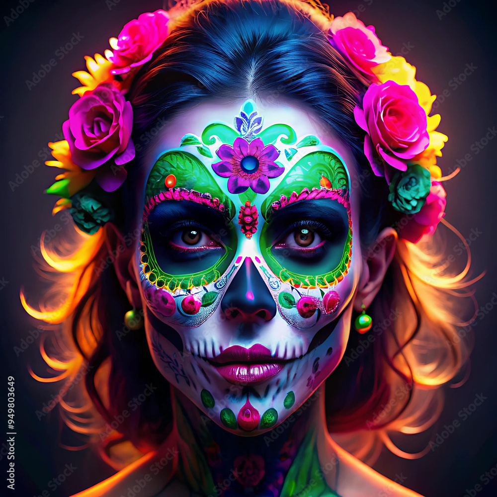 The girl's face is in a colorful sugar skull mask framed by bright flowers. The girl's face is in a colorful sugar skull mask framed by bright flowers.