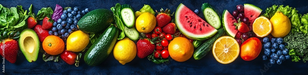 The colors of fresh fruits and vegetables are arranged in a vibrant display The colors of fresh fruits and vegetables are arranged in a vibrant display