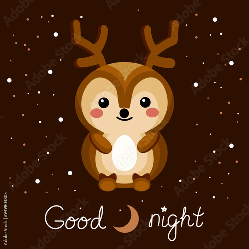 Illustration,  baby deer and  text good night on dark background with stars and moon. Print for kids, poster, vector
