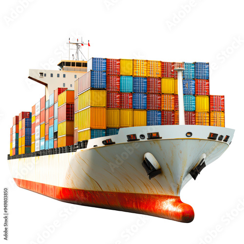 A large cargo ship is shown loaded with colorful shipping containers isolated on transparency PNG background, ready for international transport, This image is ideal for illustrating global trade photo