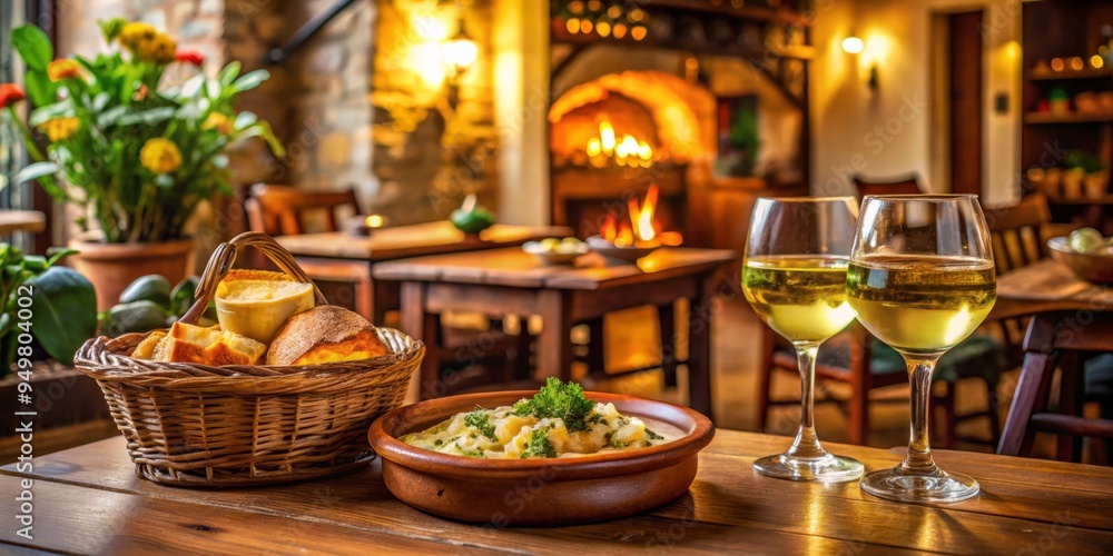 Warm golden light drips on rustic wooden table as aromatic bacalhau à brás, crispy pastry, and refreshing vinho verde mingle in cozy Portuguese tasca atmosphere. Warm golden light drips on rustic wooden table as aromatic bacalhau à brás, crispy pastry, and refreshing vinho verde mingle in cozy Portuguese tasca atmosphere.