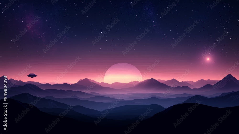 Stunning cosmic landscape featuring a vibrant sunset over mountain silhouettes, illuminated by distant stars and a mysterious object. Stunning cosmic landscape featuring a vibrant sunset over mountain silhouettes, illuminated by distant stars and a mysterious object.