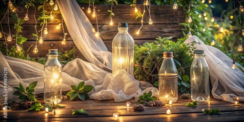 Warm golden light illuminates an arrangement of plastic bottles, wooden planks, and greenery, blending vibrant colors and textures in harmony.